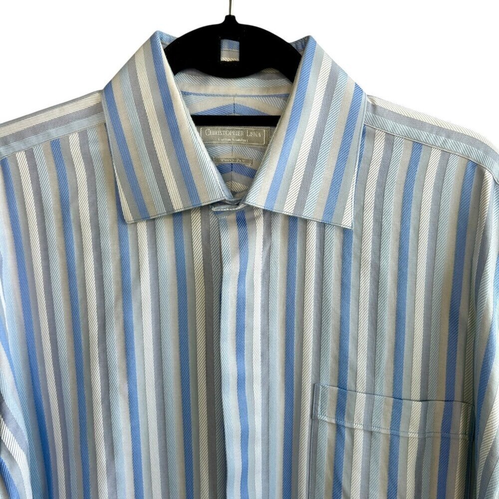 Christopher Lena Vintage Blue Striped 2 Ply Cotton French Cuff Dress Shirt 16.5